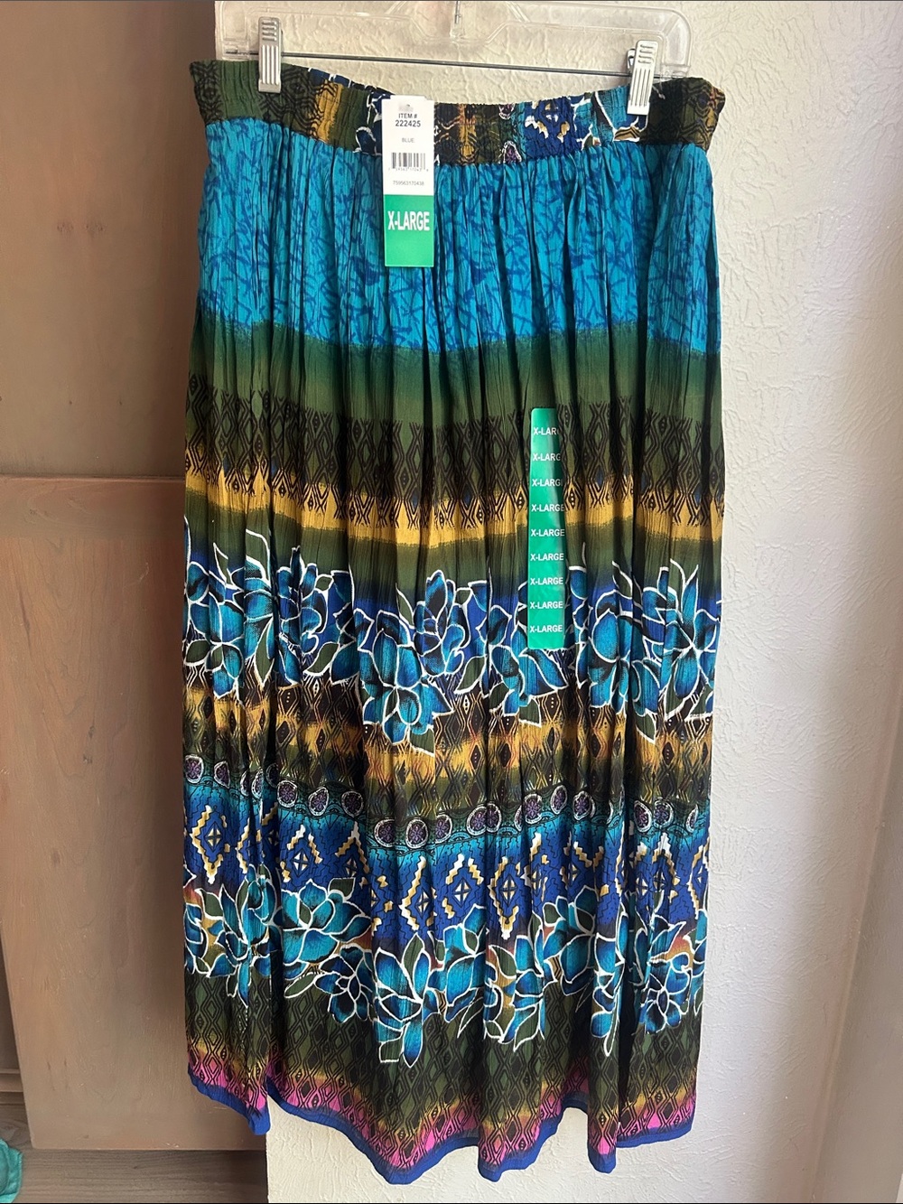 Chaudry KC Hand Dyed Boho Maxi Skirt XL Blue Green Floral Lined Flared Peasant